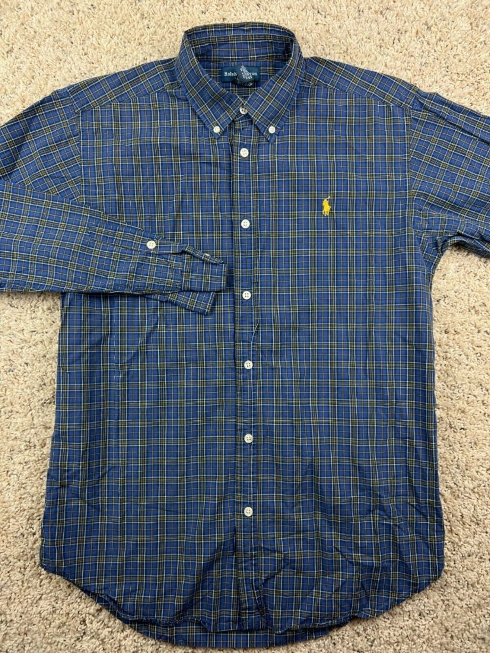 Ralph Lauren Blue Yellow Plaid Boys Size XL Button Up Cotton Casual Long Sleeve